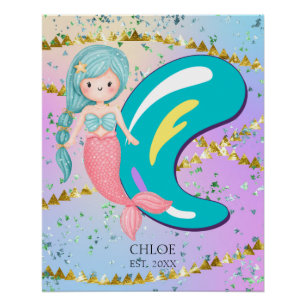 Poster Lettre C Monogramme Aquarelle mignonne Sirène