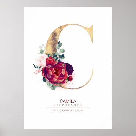 Poster Lettre C Monogramme Floral Bourgogne Rouge et or (Devant)