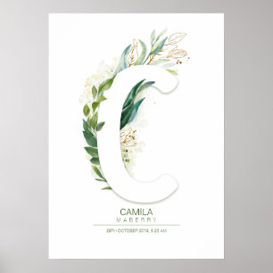 Poster Lettre C Monogramme Or Vert Feuillage Chic