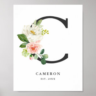 Poster Lettre C Monogramme Peach Florals Nursery