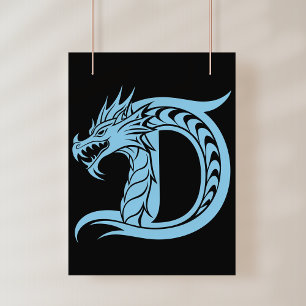 Poster Lettre D de style dragon, Alphabet du dragon, Mono