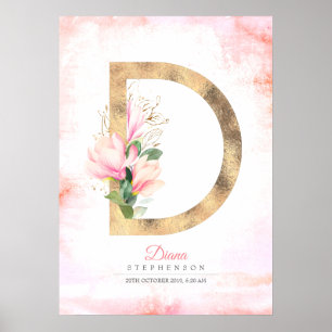 Poster Lettre D Feuilles d'or Monogram rose Magnolia Flor