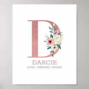 Poster Lettre D Monogramme Aquarelle Rose Fleurs Nursery