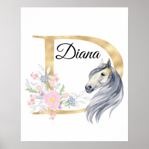 Poster Lettre D monogramme personnalisé avec cheval