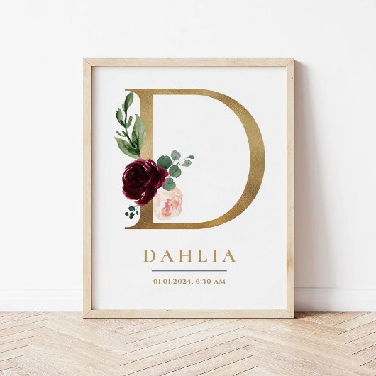 Poster Lettre D Nom du monogramme Marsala Floral Nursery