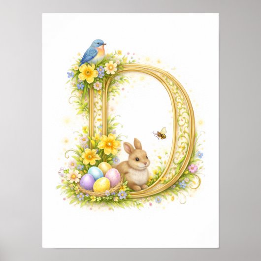 Poster Lettre D Or Monogramme Nature Printemps Oiseau Ble (Devant)