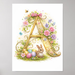 Poster Lettre de crèche A initiale bébé or floral