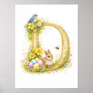 Poster Lettre de crèche D Lapin bébé initiale or floral