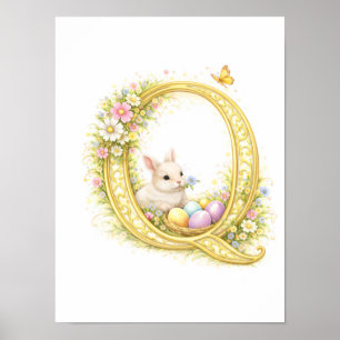 Poster Lettre de crèche Q Lapin bébé initiale florale or