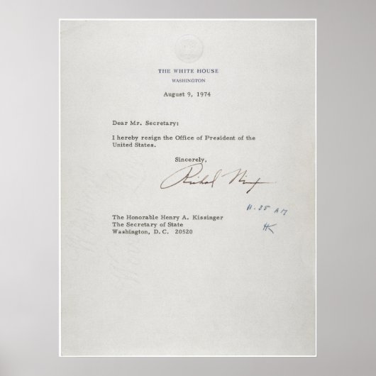 Poster Lettre de démission du Président Richard M. Nixon (Devant)