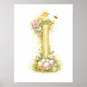 Poster Lettre de maternelle I Caneton initial floral or
