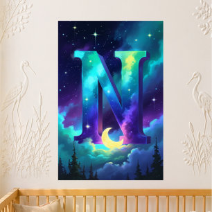 Poster Lettre de maternelle N Nom Aurores boréales Lune