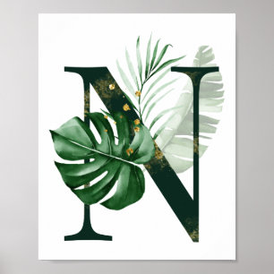 Poster Lettre décorative N avec feuilles tropicaux