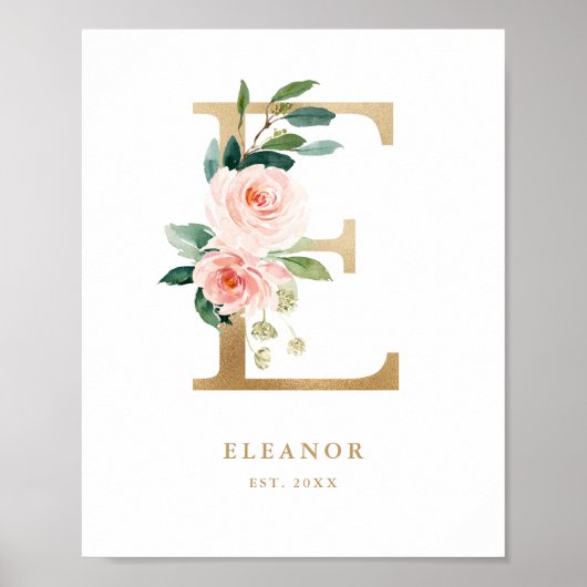 Poster Lettre E Blush Floral Monogram Gold Foil Nursery (Devant)