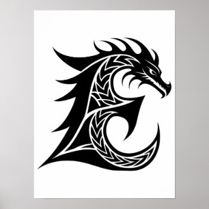 Poster Lettre E de style dragon, alphabet du dragon, mono