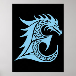 Poster Lettre E de style dragon, alphabet du dragon, mono
