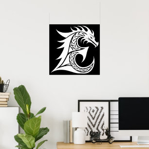 Poster Lettre E de style dragon, alphabet du dragon, mono