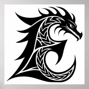 Poster Lettre E de style dragon, alphabet du dragon, mono