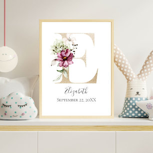 Poster Lettre E dorée Fleurie Rose Blanc Nursery