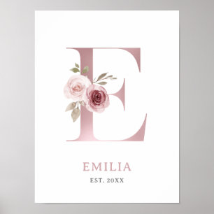Poster Lettre E Monogramme Aquarelle Rose Florals Nursery