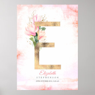 Poster Lettre E Monogramme Feuille d'or rose Magnolia Flo