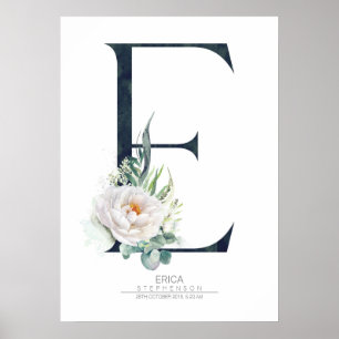 Poster Lettre E Monogramme Fleurs Blanches et Feuillage