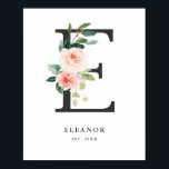 Poster Lettre E Monogramme Peach Florals Peach Nursery<br><div class="desc">Lettre E Monogram Peach Florals Poster de pépinière. Elégante et féminine lettre E monogramme avec fleurs d'aquarelle et bouquet de verdure. Ce sera un accent personnalisé parfait pour les crèches,  chambres et autres espaces.</div>