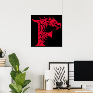 Poster Lettre F de style dragon, alphabet du dragon, mono