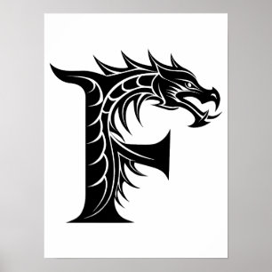 Poster Lettre F de style dragon, alphabet du dragon, mono