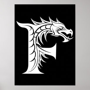 Poster Lettre F de style dragon, alphabet du dragon, mono