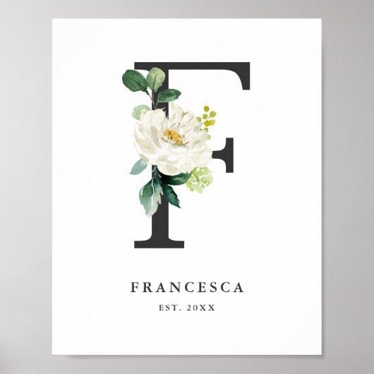 Poster Lettre F Monogram White Peonies Nursery (Devant)