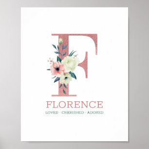 Poster Lettre F Monogramme Aquarelle Rose Fleurs Nursery