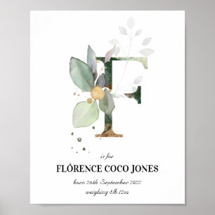 Poster Lettre F Nouveau bébé Monogramme Naissance Imprime