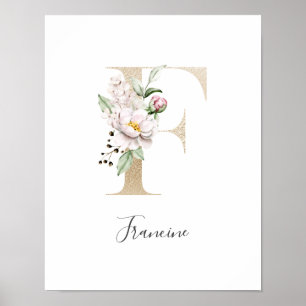 Poster Lettre F Or Fleurie Rose Blanc Nursery