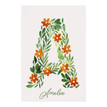 Lettre florale A personnalisée avec fleurs orange