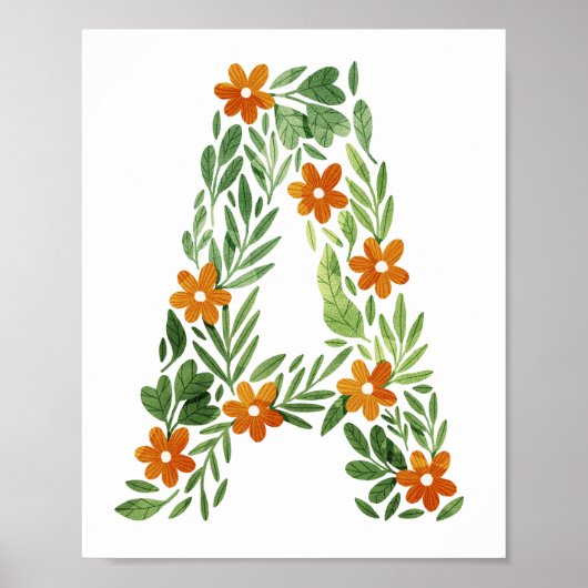 Poster Lettre florale A personnalisée avec fleurs orange (Devant)
