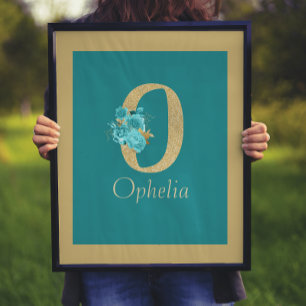 Poster LETTRE Florale O Mur Or & Aqua fantaisie