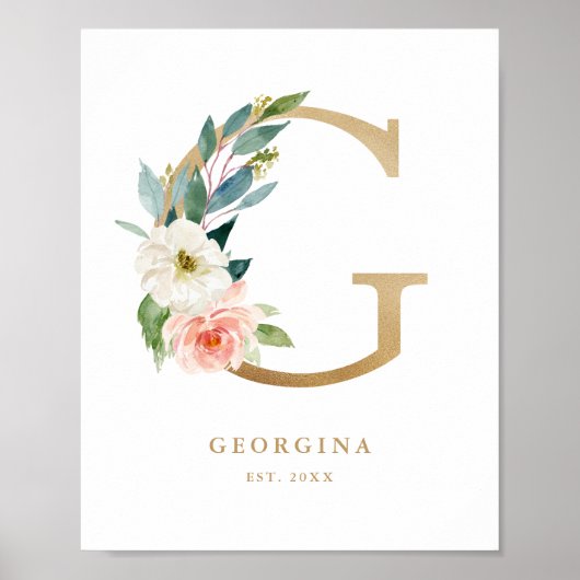 Poster Lettre G Blush Floral Monogram Gold Foil Nursery (Devant)