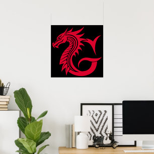 Poster Lettre G de style dragon, alphabet du dragon, mono