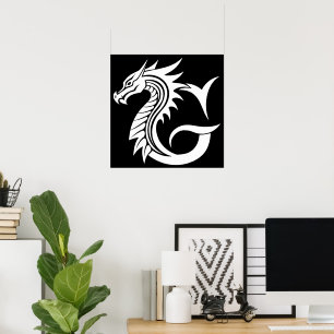 Poster Lettre G de style dragon, alphabet du dragon, mono