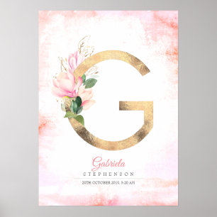 Poster LETTRE G Feuilles d'or Monogramme rose Magnolia Fl
