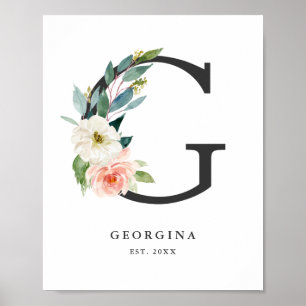 Poster Lettre G Monogramme Peach Florals Peach Nursery
