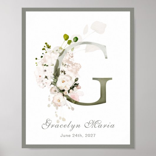 Poster Lettre G Monogramme Rose Blanc Floral Nursery (Devant)