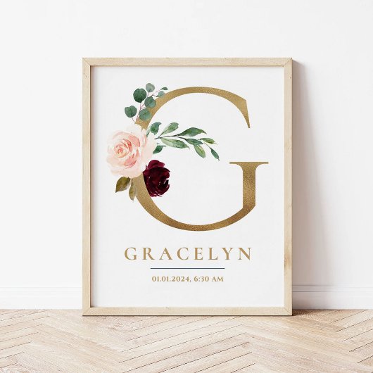 Poster Lettre G Nom du monogramme Marsala Floral Nursery
