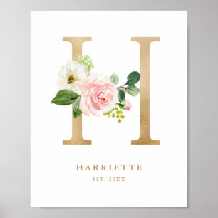 Poster Lettre H Blush Floral Monogram Gold Foil Nursery