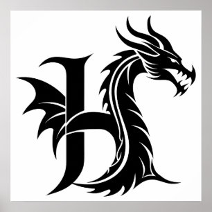 Poster Lettre H de style dragon, alphabet dragon, monogra