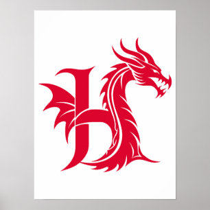 Poster Lettre H de style dragon, alphabet du dragon, mono