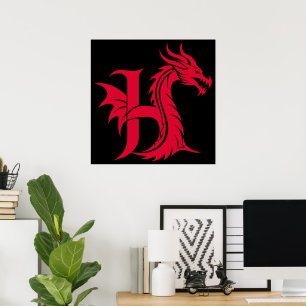 Poster Lettre H de style dragon, alphabet du dragon, mono