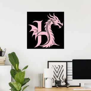 Poster Lettre H de style dragon, alphabet du dragon, mono