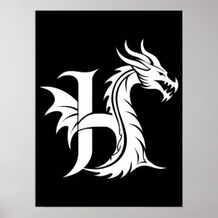 Poster Lettre H de style dragon, alphabet du dragon, mono
